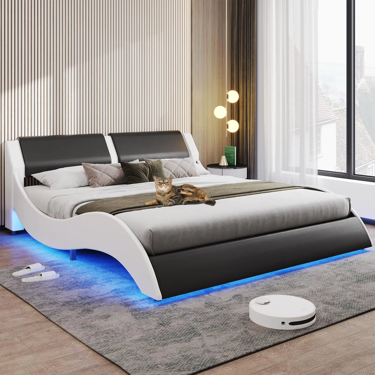 Queen LED Bed Frame with Faux PU Leather Headboard E892