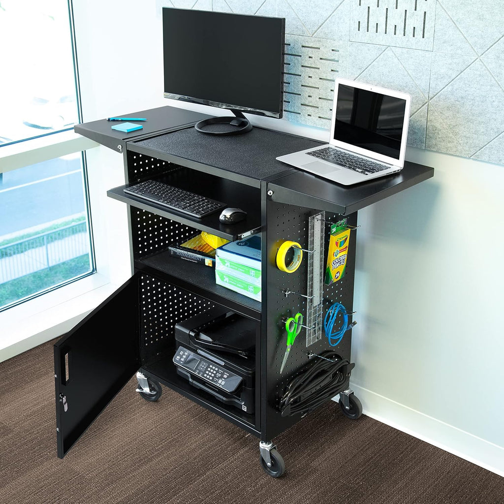 AV Cart with Pegboard Siding, 12 Hooks, Locking Cabinet, Pullout Keyboard Tray, Locking Wheels S404
