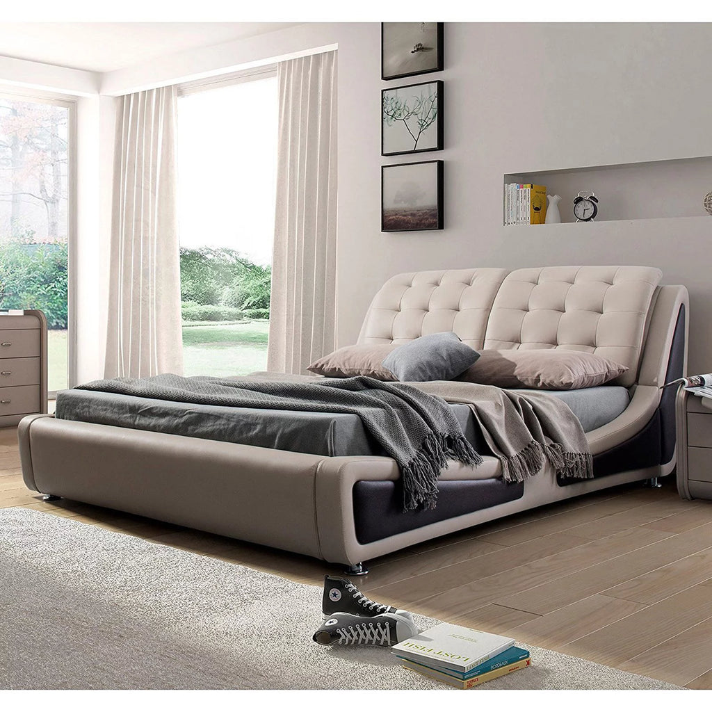 Beige Brown Queen Faux Leather Platform Bed B29382