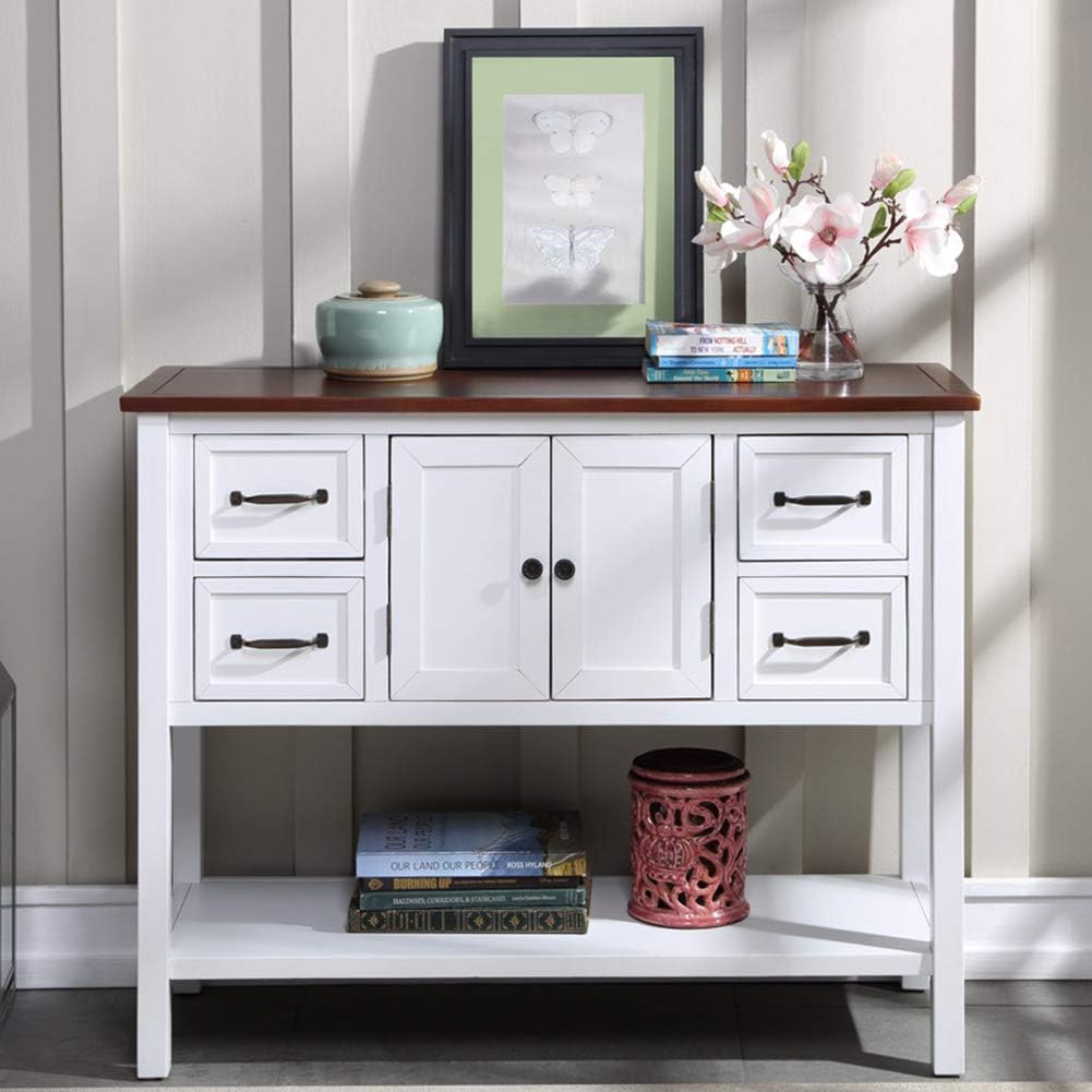 White & Brown Wood Console Table with Drawers & Open Shelf I7947