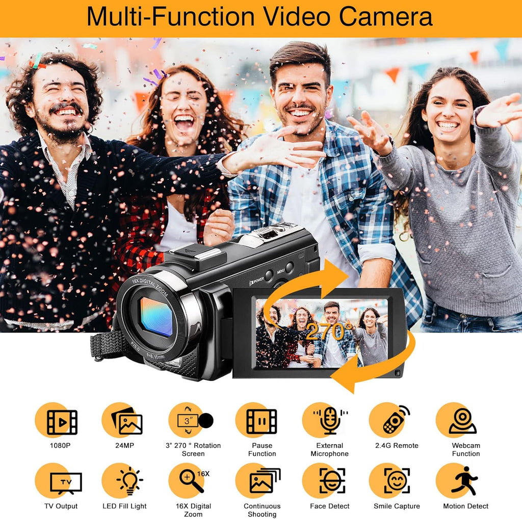 FHD 1080P 30FPS 24MP 3.0 Inch 270° Rotation Screen Digital Vlogging Camera with Microphone, Remote Control, 2 Batteries A725995