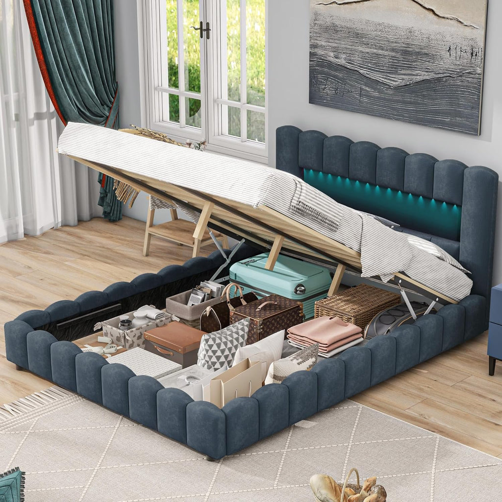 Deep Blue Linen Queen Size Bed with Lift Up Storage M431