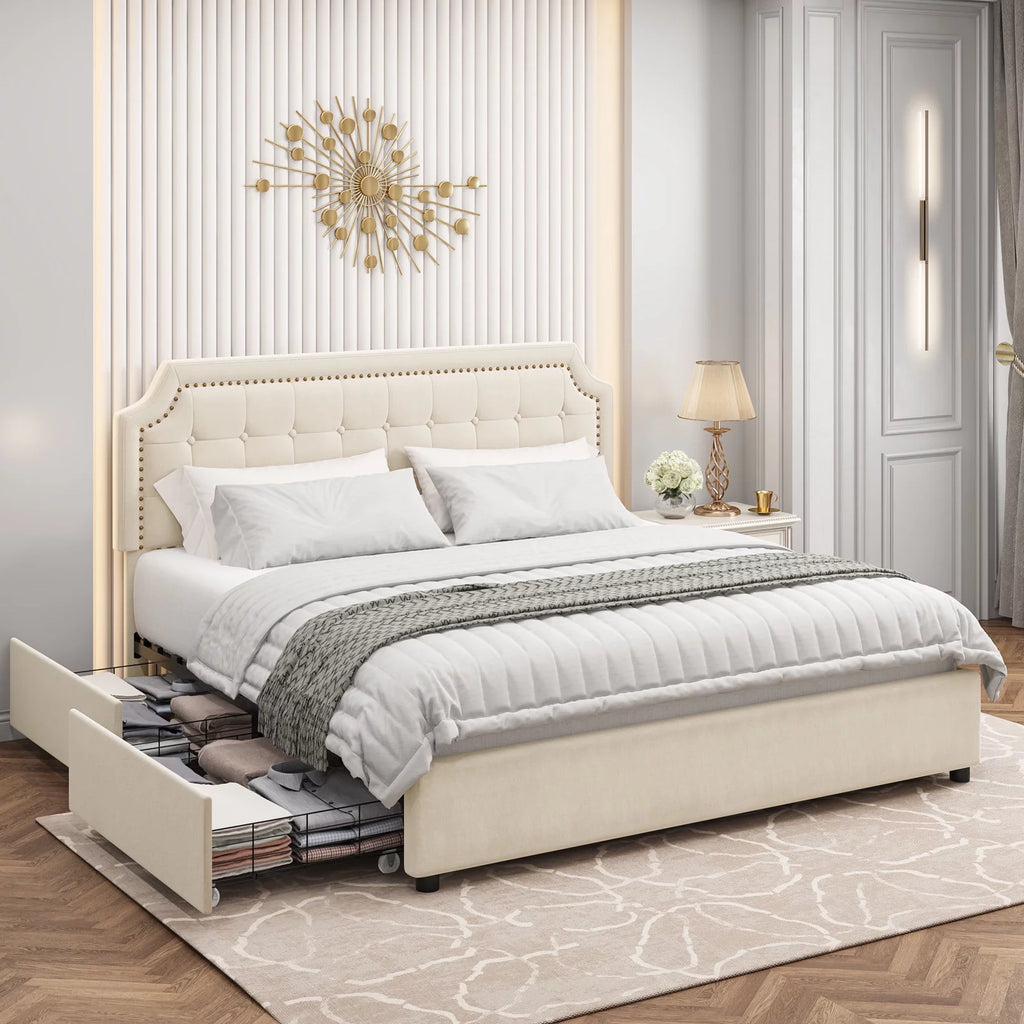 Queen Size 4 Drawer Black PU Leather Platform Bed P694430