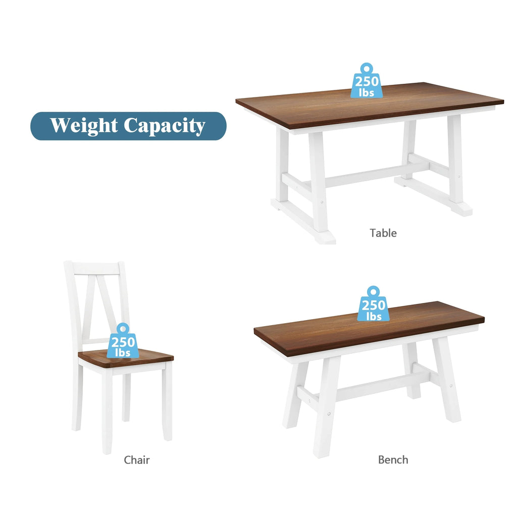 White 6-Piece Wood Dining Table Set with Bench and Chairs K9424