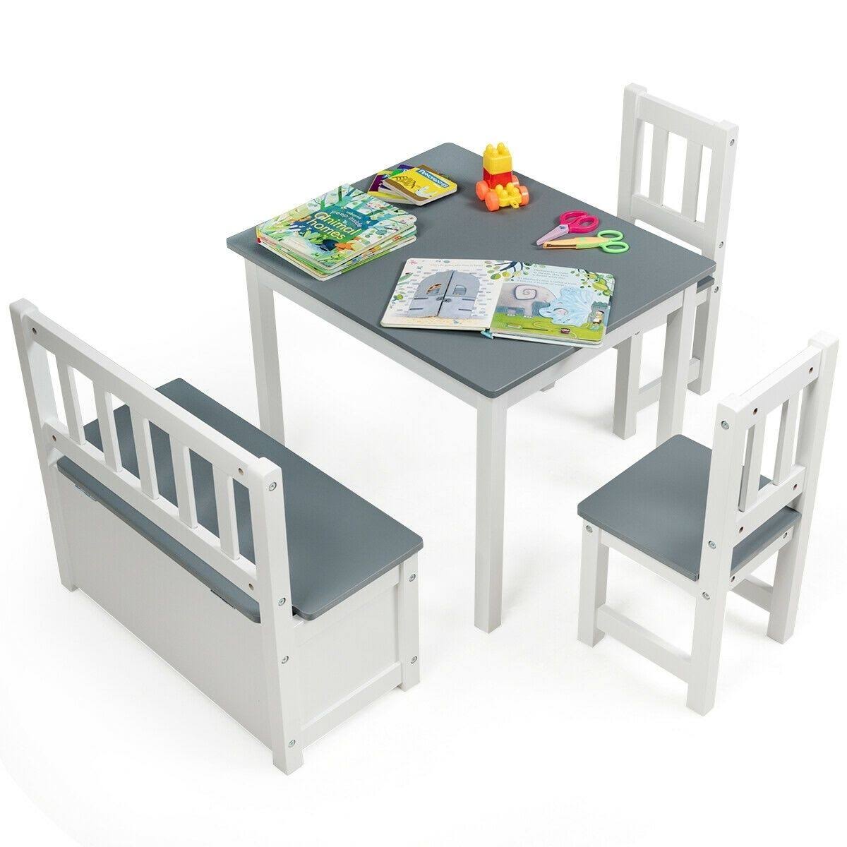 4 Pcs Kids Wood Table Chairs Set Gray F515