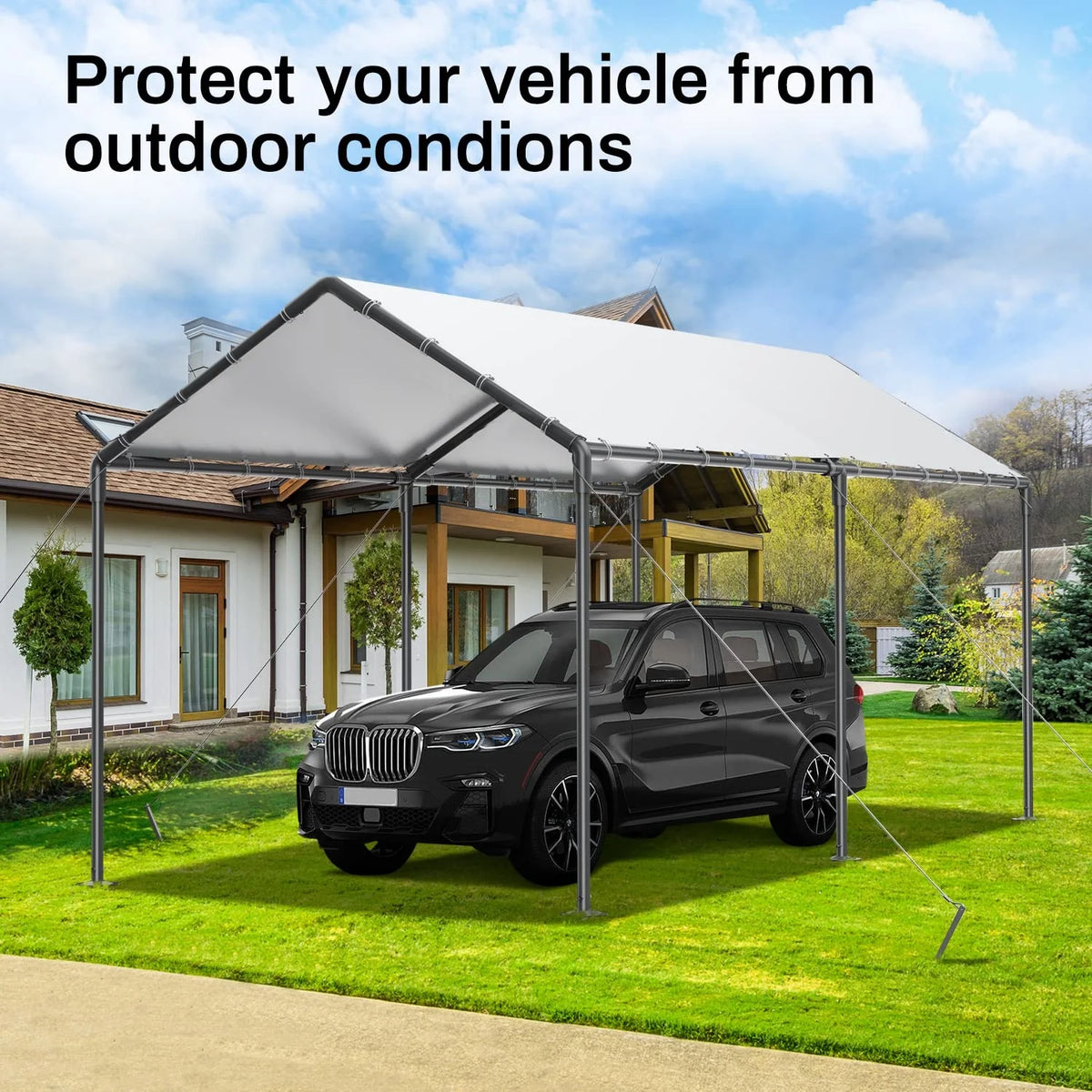 10 x 20Ft Heavy Duty Carport with Steel Wire Rope Canopy with All-Season Tarp V9642