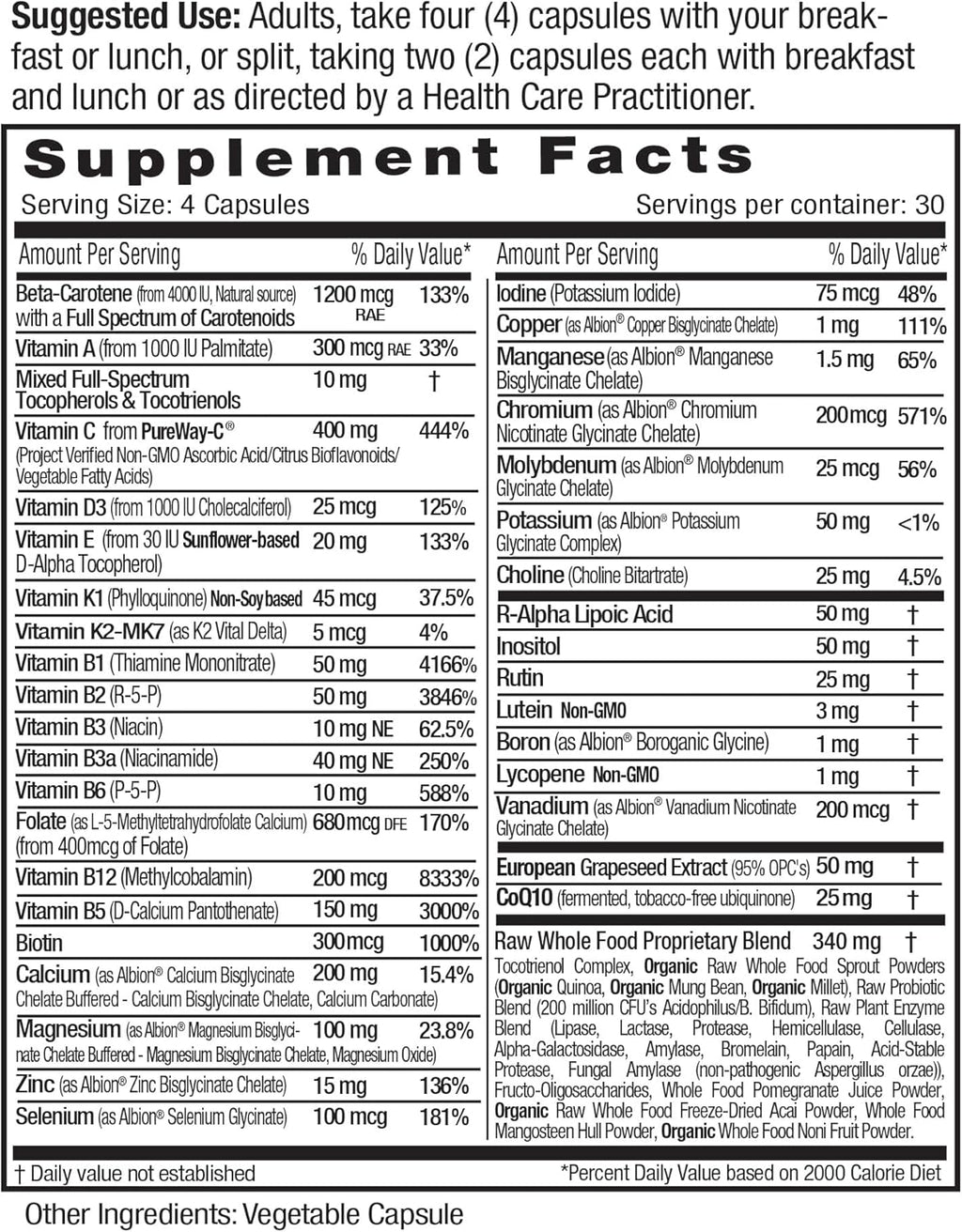 120 Vegetable Capsules Multivitamin with Methylated Folate, Vitamin D3, Digestive Enzymes C95514