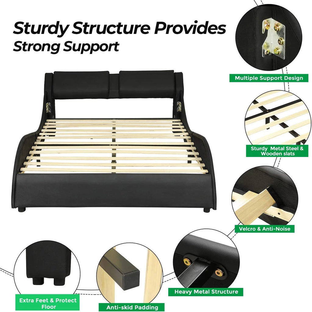 Queen LED Bed Frame with Faux PU Leather Headboard E892