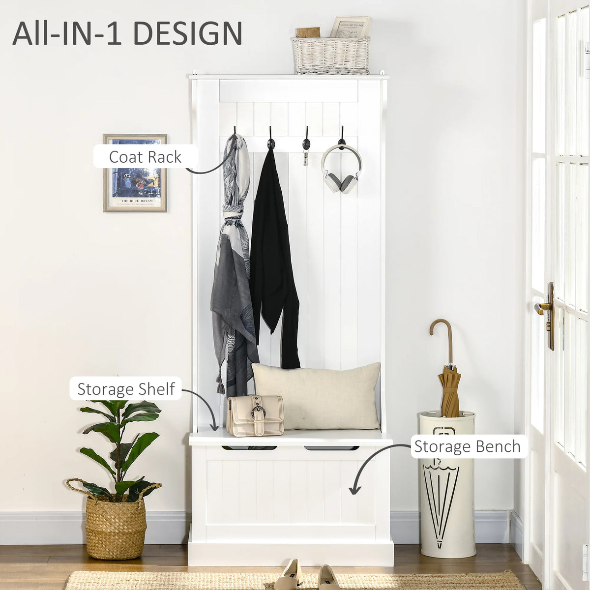 White 3-in-1 Hall Tree with Storage Bench J11744