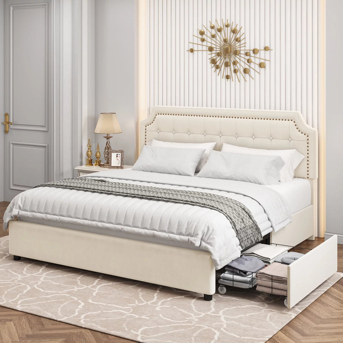 Queen Size 4 Drawer Black PU Leather Platform Bed P694430