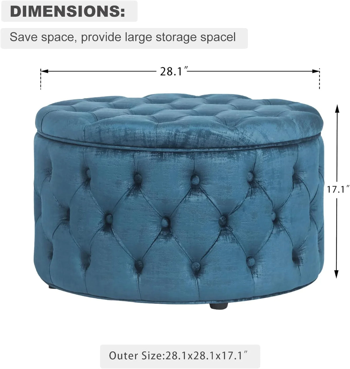 28 Inch Round Blue Velvet Storage Ottoman H298