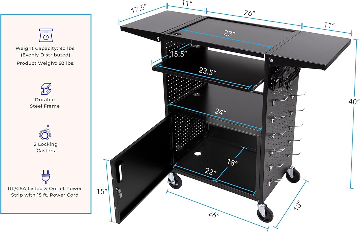 AV Cart with Pegboard Siding, 12 Hooks, Locking Cabinet, Pullout Keyboard Tray, Locking Wheels S404