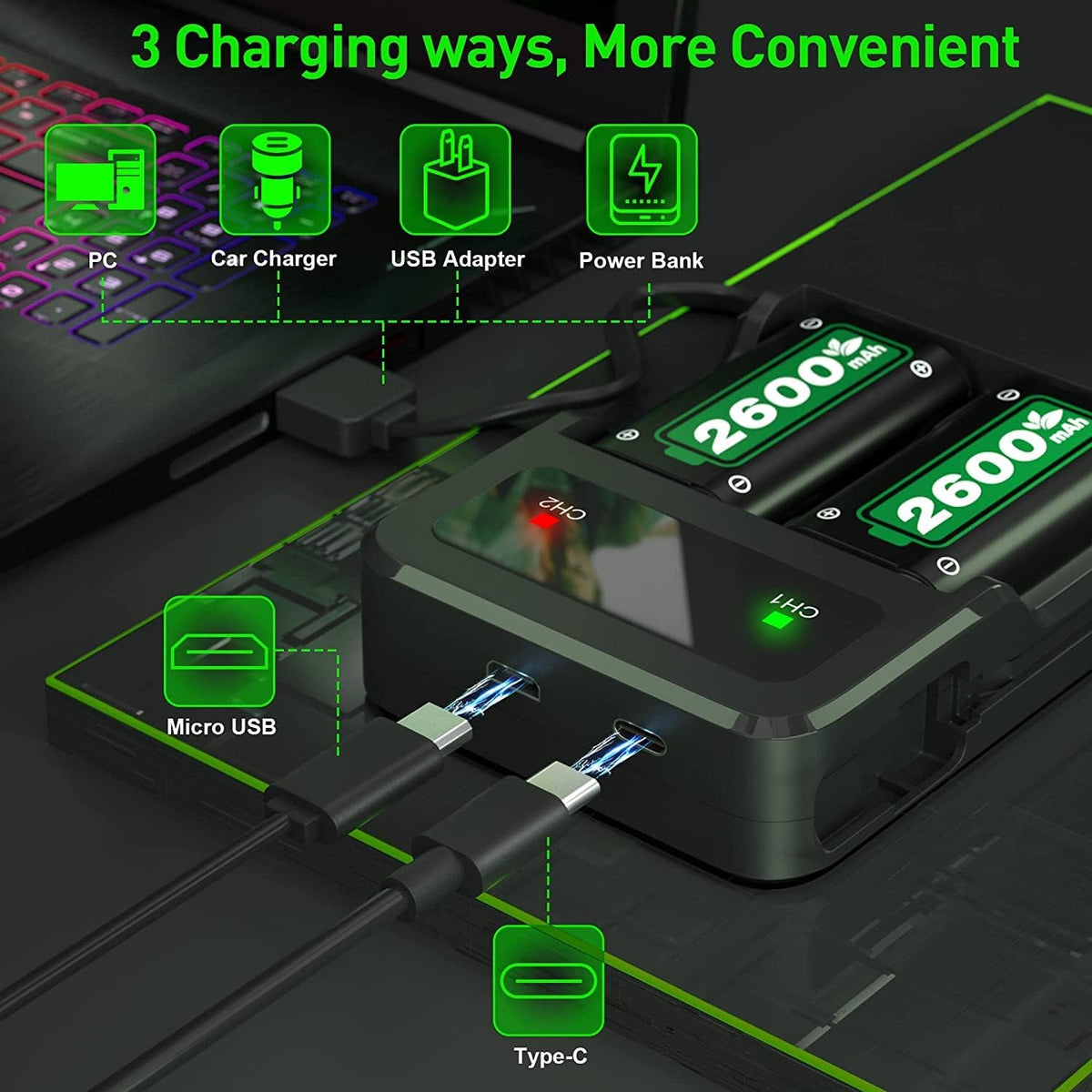 2x2600mAh Controller Battery Pack with Charger Station for Xbox Q58126