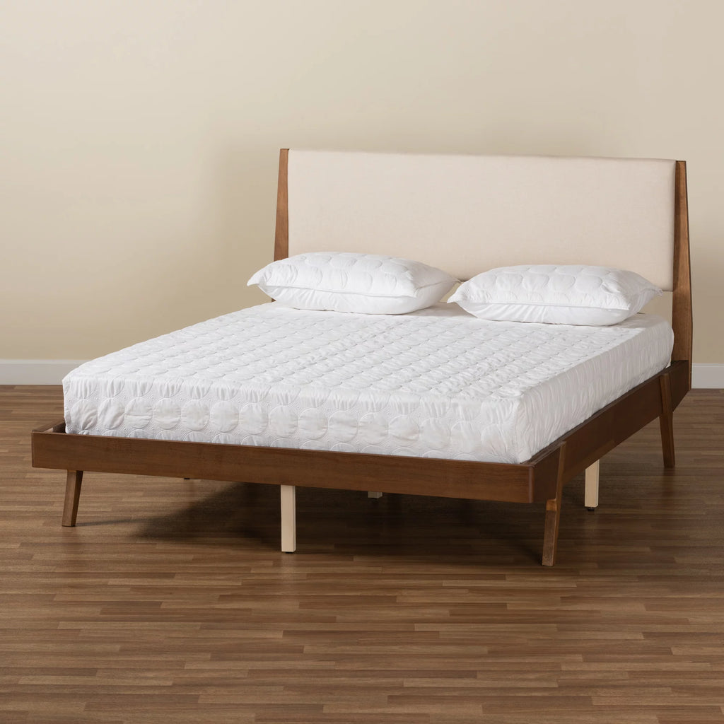Beige Fabric Upholstered Walnut Brown Wood King Size Platform Bed G209