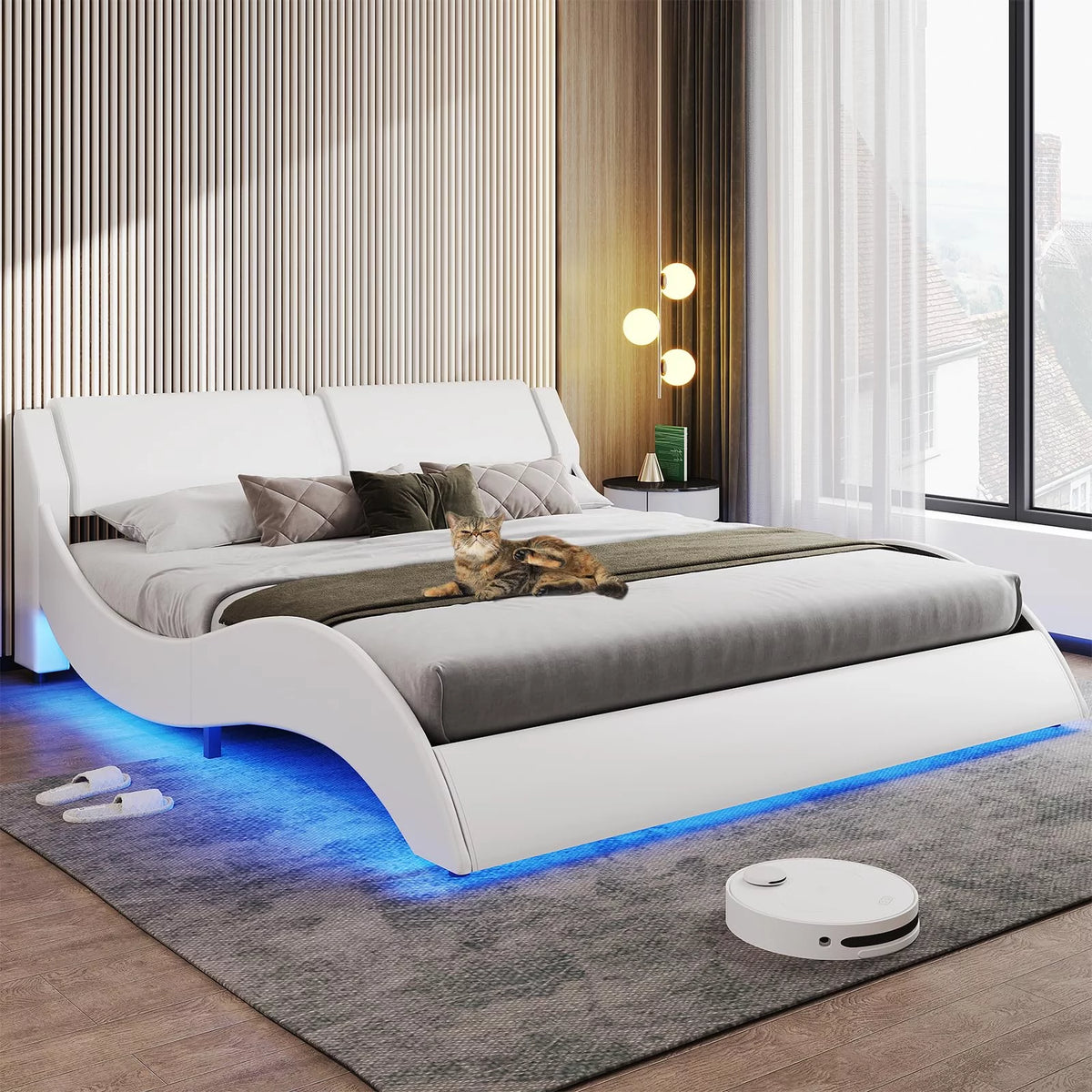 Queen LED Bed Frame with Faux PU Leather Headboard E892