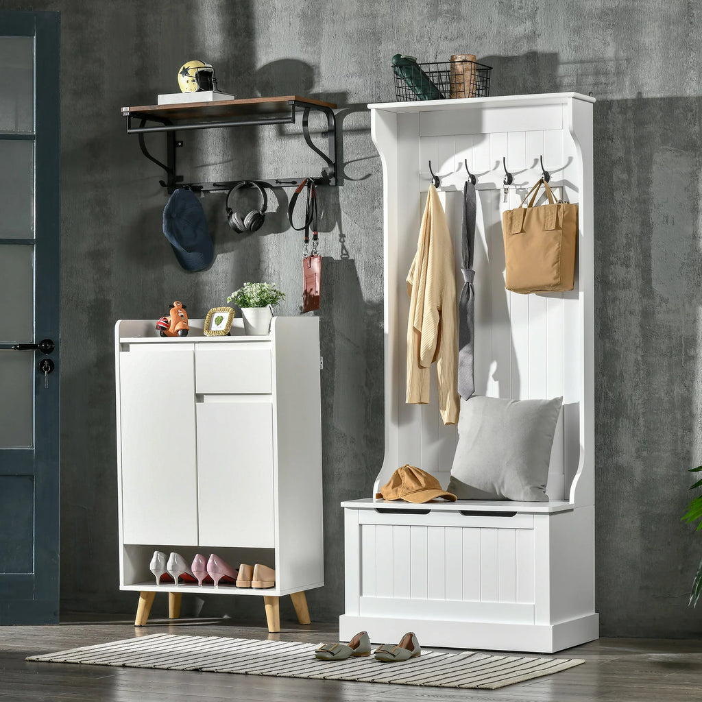 White 3-in-1 Hall Tree with Storage Bench J11744