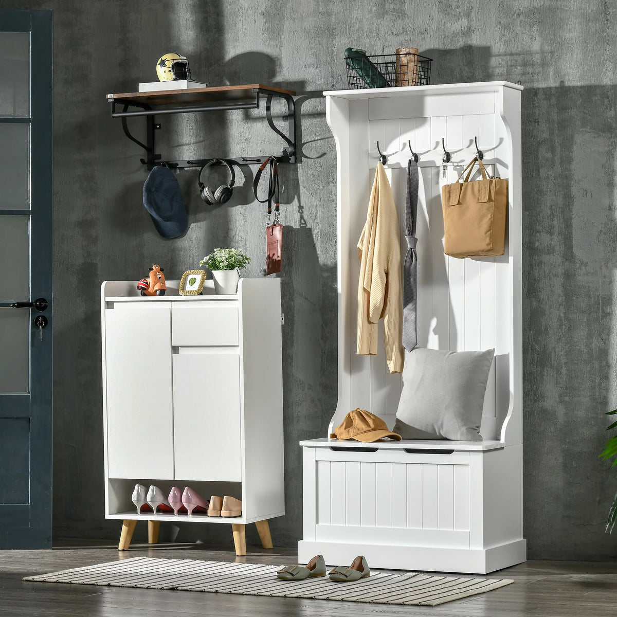 White 3-in-1 Hall Tree with Storage Bench J11744