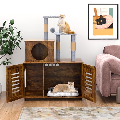 White All-in-one Cat Cabinet with Litter Box Enclosure, Scratching Post, Plush Perch and Divider E36868