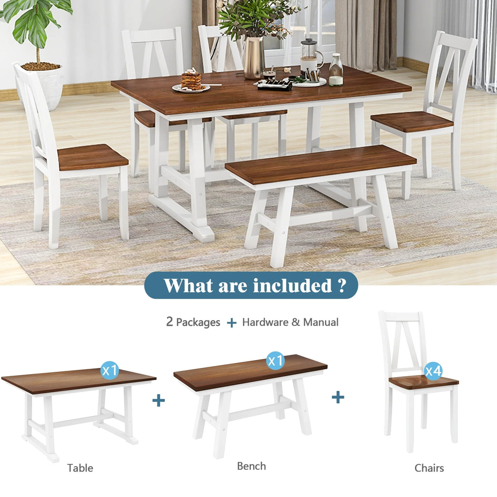 White 6-Piece Wood Dining Table Set with Bench and Chairs K9424