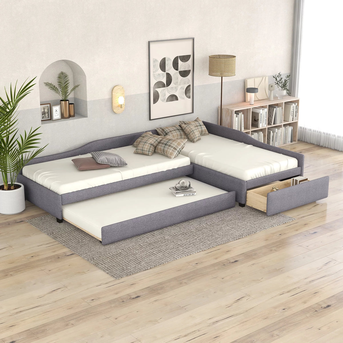Gray Upholstered Double Twin Size Daybed with Trundle and Drawer O726