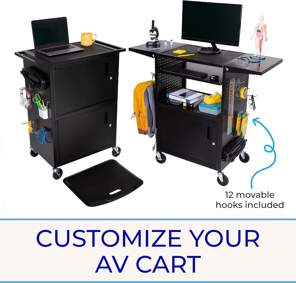 AV Cart with Pegboard Siding, 12 Hooks, Locking Cabinet, Pullout Keyboard Tray, Locking Wheels S404