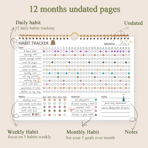 12 Months Undated Daily Goal and Habit Tracker Journal Planner with Spiral Binding, 11.7"x8.5" M34832