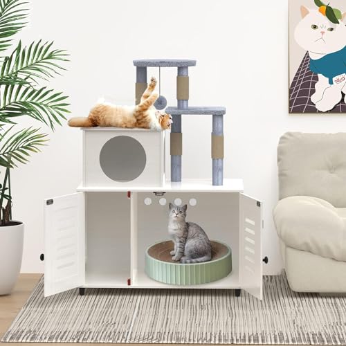 White All-in-one Cat Cabinet with Litter Box Enclosure, Scratching Post, Plush Perch and Divider E36868