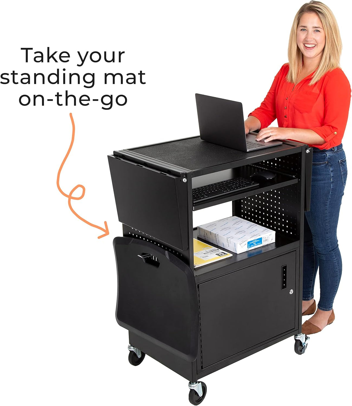 AV Cart with Pegboard Siding, 12 Hooks, Locking Cabinet, Pullout Keyboard Tray, Locking Wheels S404