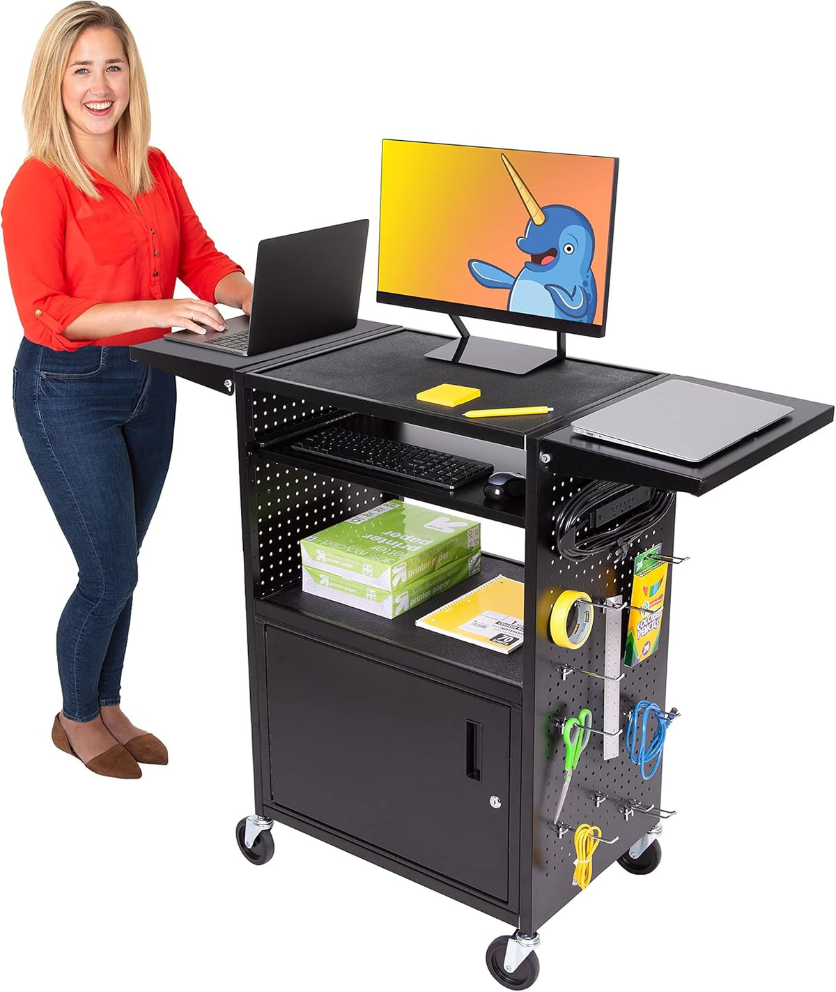 AV Cart with Pegboard Siding, 12 Hooks, Locking Cabinet, Pullout Keyboard Tray, Locking Wheels S404