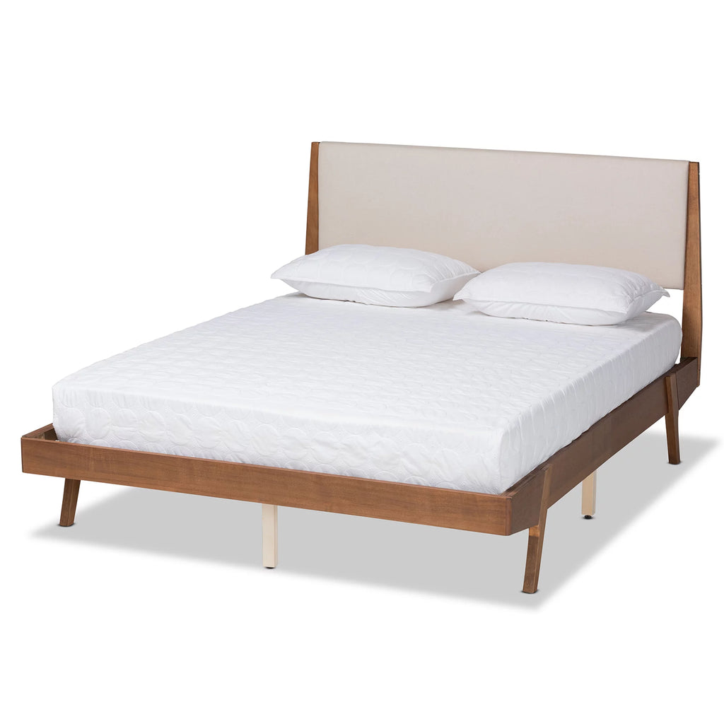 Beige Fabric Upholstered Walnut Brown Wood King Size Platform Bed G209