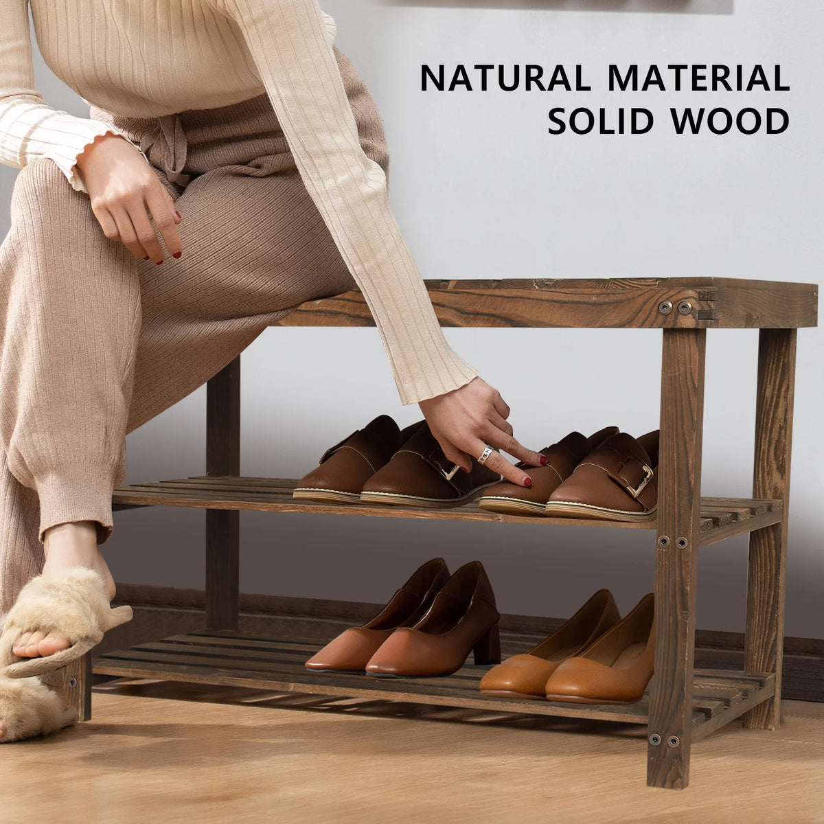 27.5" Solid Wood 3-Tier Shoe Bench A989682