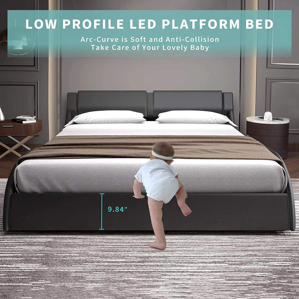 Queen LED Bed Frame with Faux PU Leather Headboard E892