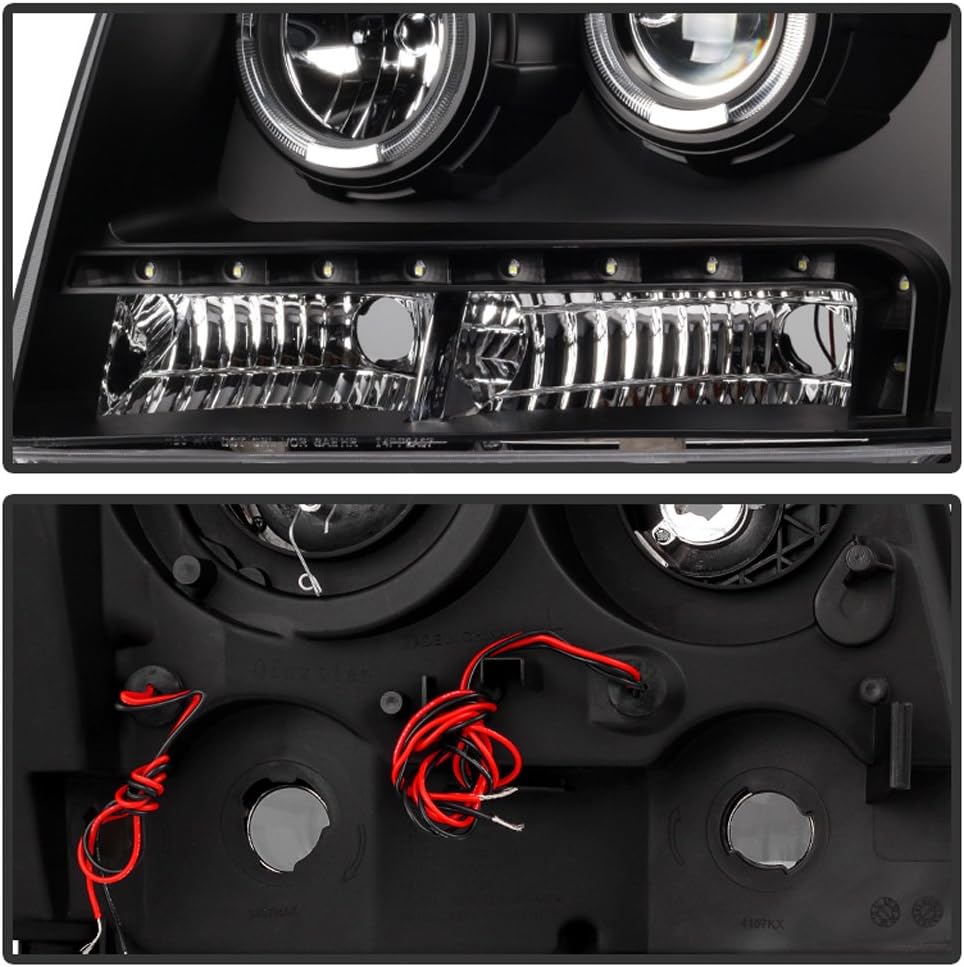 Black 2007-2013 Chevy Suburban Tahoe Avalanche LED DRL Halo Projector Headlights Driver + Passenger Side W72176