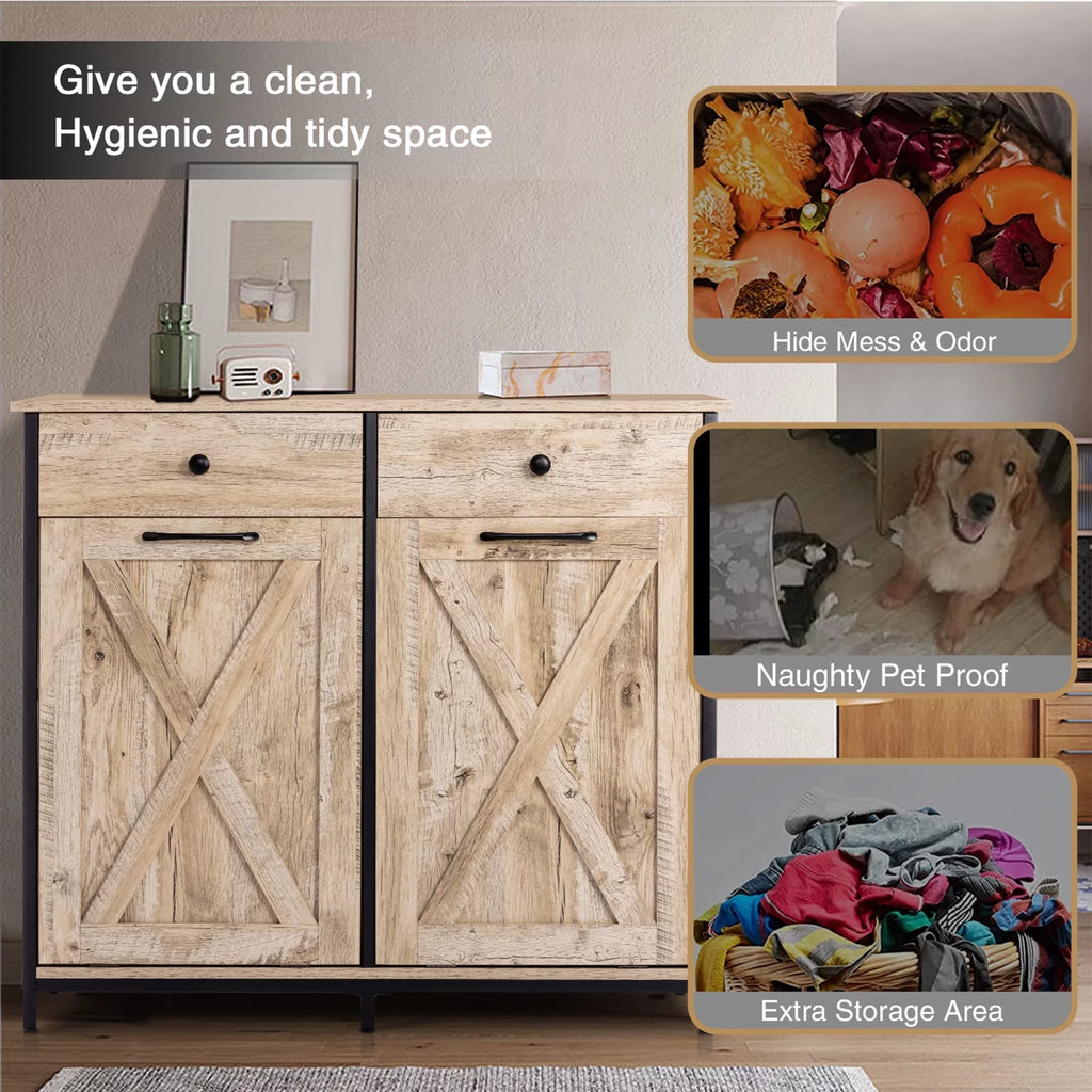 20 Gallons Double Tilt Out Trash Cabinet Oak Wooden with Countertop 2 Drawers Z266