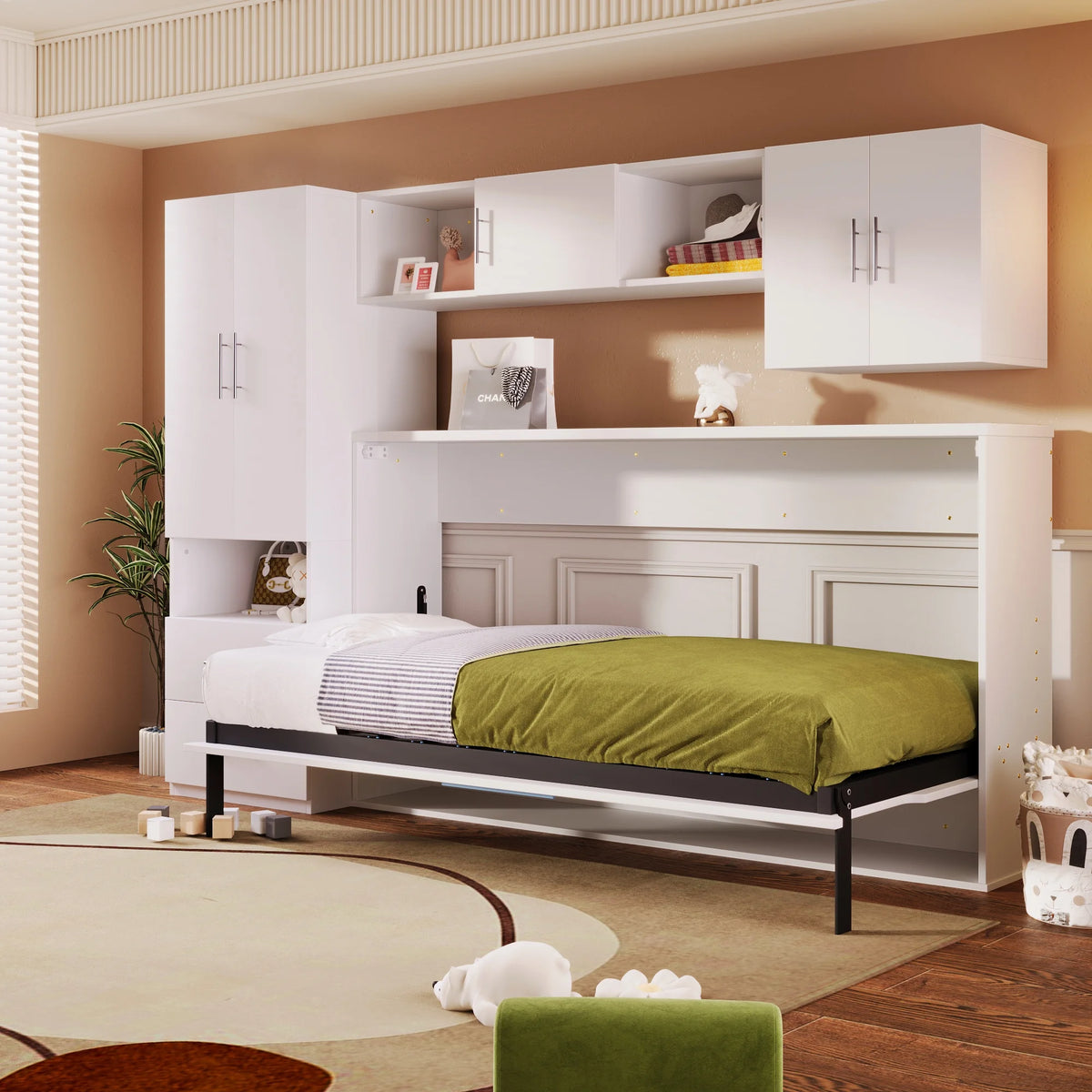 Twin Size Murphy Bed with Shelves Storage Drawers Wardrobe Table White Z468