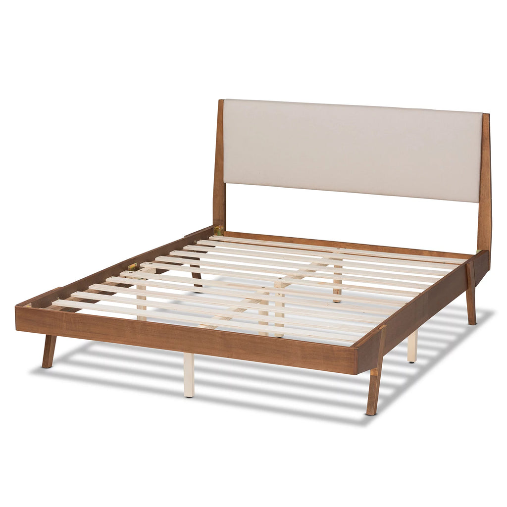 Beige Fabric Upholstered Walnut Brown Wood King Size Platform Bed G209