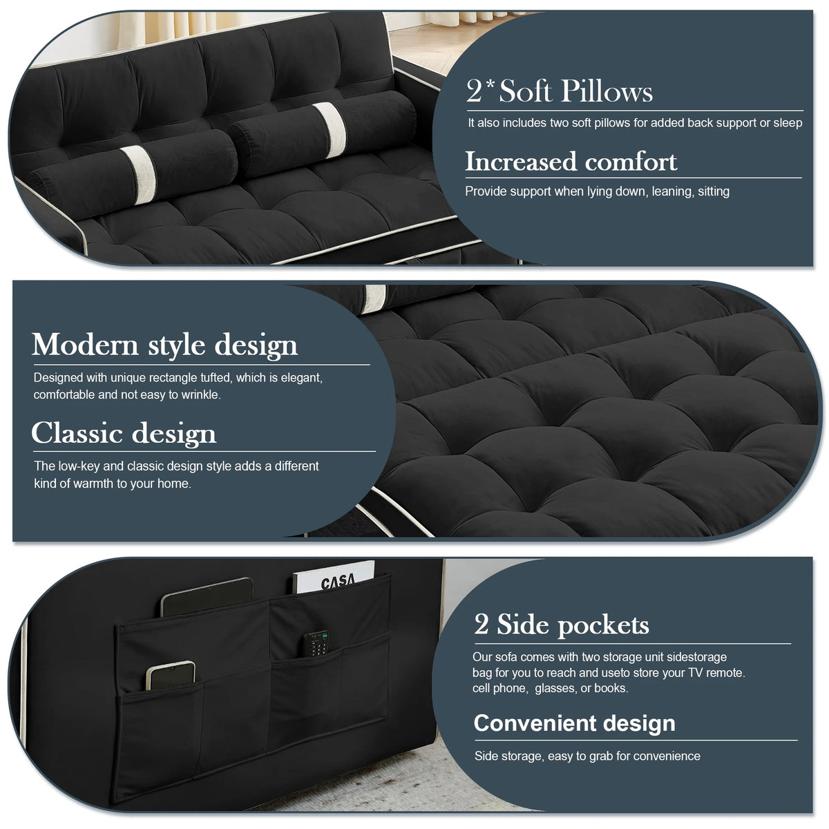 Black Velvet Pull Out Sofa Bed T458