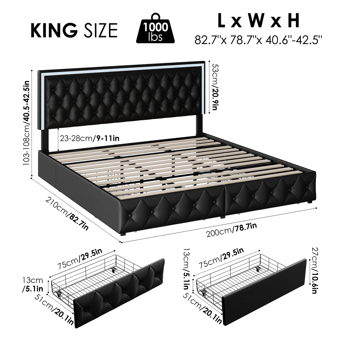 Queen LED Platform Bed Frame with 4 Storage Drawers Y18423