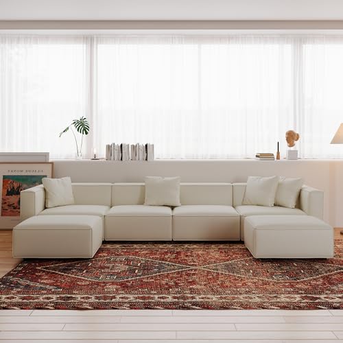 Cream L-Shape Sectional Sofa with Ottoman and Chaise K8963