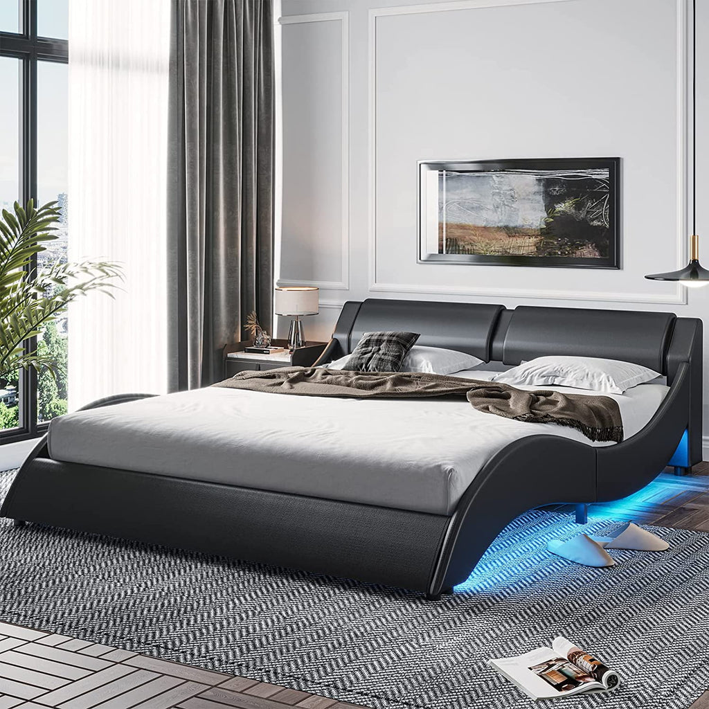 Queen LED Bed Frame with Faux PU Leather Headboard E892