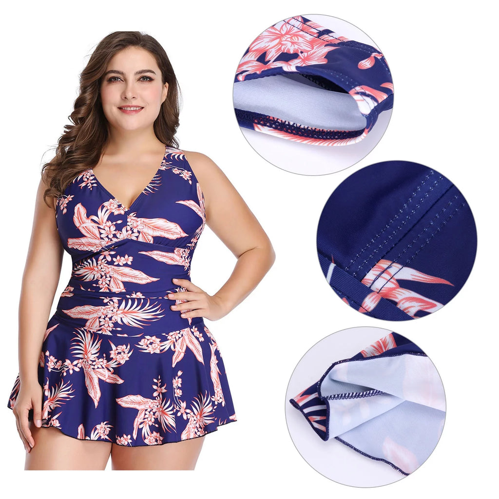 Plus-Size Flower Printing One Piece Swim Dress Tummy Control Swimsuit S116912